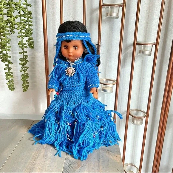 Vintage | Toys | Vintage Native American Doll Handmade Crocheted Blue Dress  Beaded Collectible | Poshmark